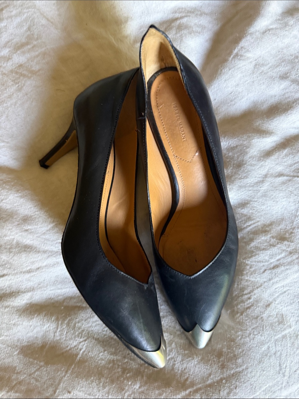 Isabel Marant  Black Leather Pointed Pumps with Silver Toe Cap